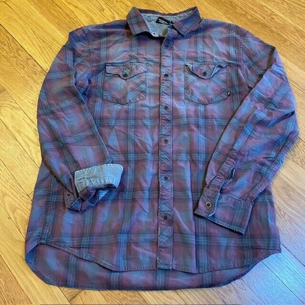VANS Cotton Button Down Long Sleeve Casual Burgundy Blue Plaid Shirt Mens Large